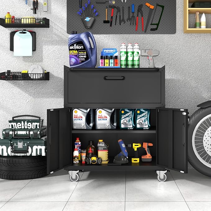 Metal Storage Cabinet for Garage, Tool Cabinet, Utility Cabinet | Wheeled, Rolling Tool Cabinet, Lockable, 2 Doors,1 Drawer, Top Countertop, Assembly Required, Black
