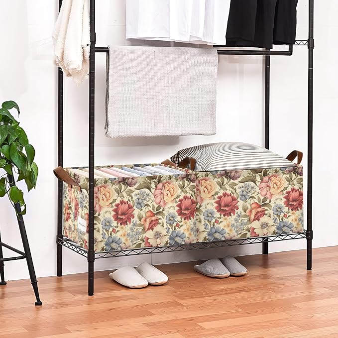 Vintage Peony Flower Retro Floral Storage Basket Foldable Cube Storage Bins with Handles&Label Collapsible Organizer Box Bin Rectangle Decorative Baskets for Shelves Home Living Room Closet, 2 Pack