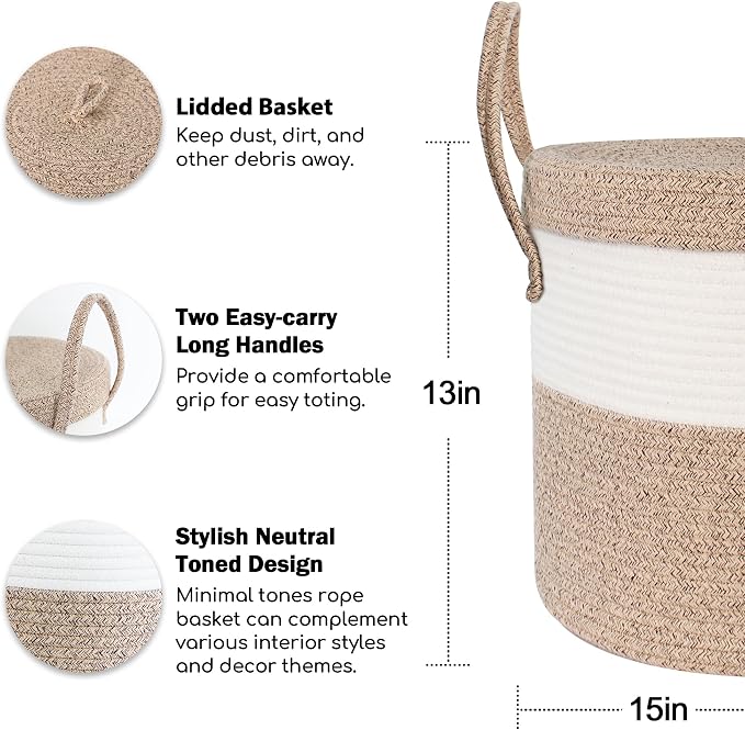 15”x13” Large Storage Basket with Lid, Blanket Basket Living Room, Woven Cotton Rope Baskets for Storage, Kids Toy Storage Bin, Tall Wicker Laundry Basket, Blankets Pillows Organizer Holder