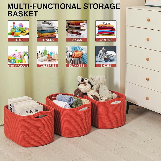 ICERZCZ Storage Baskets for Organizing, Storage Basket for Shelves, Toy Towel Basket for Bathroom Nursery, Woven Cotton Rope Baskets for Decor, 15"x11"x9.5", 3 Packs, Brick Red