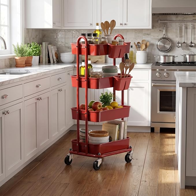 Simple Houseware 4-Tier Rolling Utility Cart with Hanging Bucket, Red | Storage for Bathroom, Kitchen, Office, Study Room, Nursery Diaper
