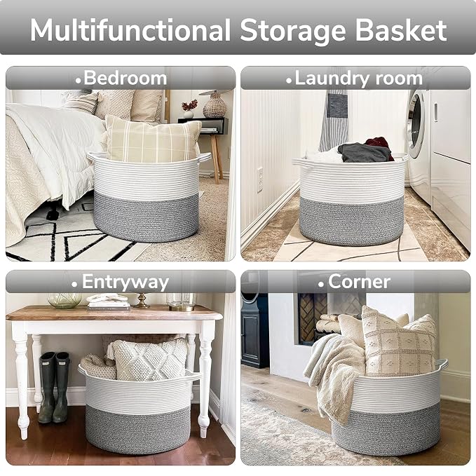 Goodpick Woven Blanket Basket Living Room, Toy Bin for Playroom, 85L | 21.7 x 21.7 x 13.8 In Toy Storage Basket for Nursery, Baby Laundry Hamper for Towels, Clothes, Light & Grey