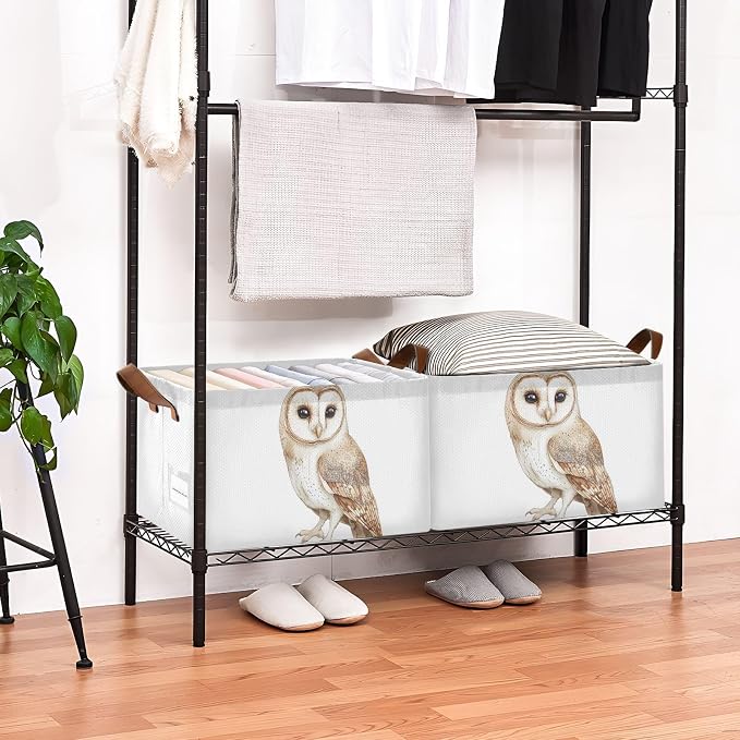 Watercolor Cute Tawny Owl Wild Animal Baby Storage Basket with Labels&Handles Rectangular Waterproof Nursery Storage Bins Collapsible Shelf Organizer Baskets for Kids Books Cloth Gift Basket Toys,2 PC