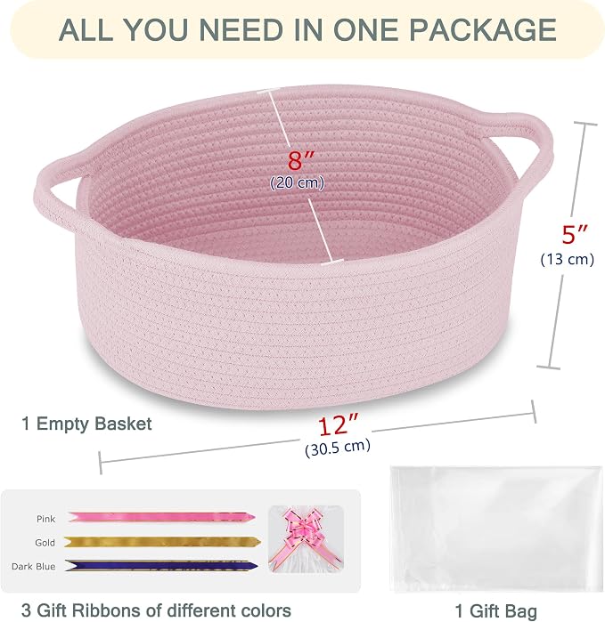 COMSE Empty Small Gift Basket with Bag & Ribbons, Light pink | Cotton Rope, 12"x 8"x 5", Baby Toy Organizer, Stores Small Items for Bedrooms, Nurseries, Bathrooms, Living Rooms, Offices