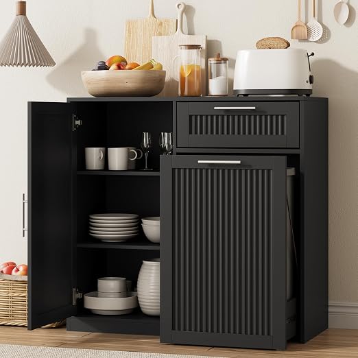 13 Gallons Pull Out Trash Can Cabinet with Storage, Black | Fluted Kitchen Trash Cabinet with Adjustable Shelf & Drawer, Hidden Wood Pet Proof Trash Can Holder for Laundry, Living Room
