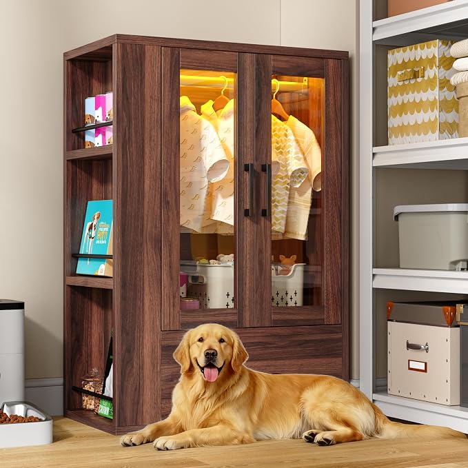 kepptory Pet Wardrobe Closet with LED Light, Side Storage Shelves & Drawer, Walnut Pet Clothes Organizer Cabinet with Hanging Rod, Multi-Functional Pet Closet for Dogs & Cats Clothing, Toys | Walnut Pet Clothes Organizer Cabinet with Hanging Rod, Multi...
