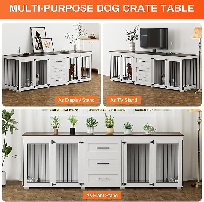 Rophefx 94.5" Dog Crate Furniture for 2 Dogs, Wooden Kennel TV Stand, White | Indoor double dog house with 3 storage drawers, 4 feeding bowls, lockable doors, and a wide top for large and medium dogs