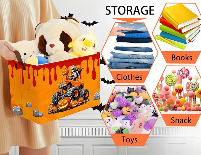 Large Halloween Themed Candy Gift Boo Basket for Kids Baby Personalized Adults Storage Bin Fall Decor(Skeleton Monster Truck)