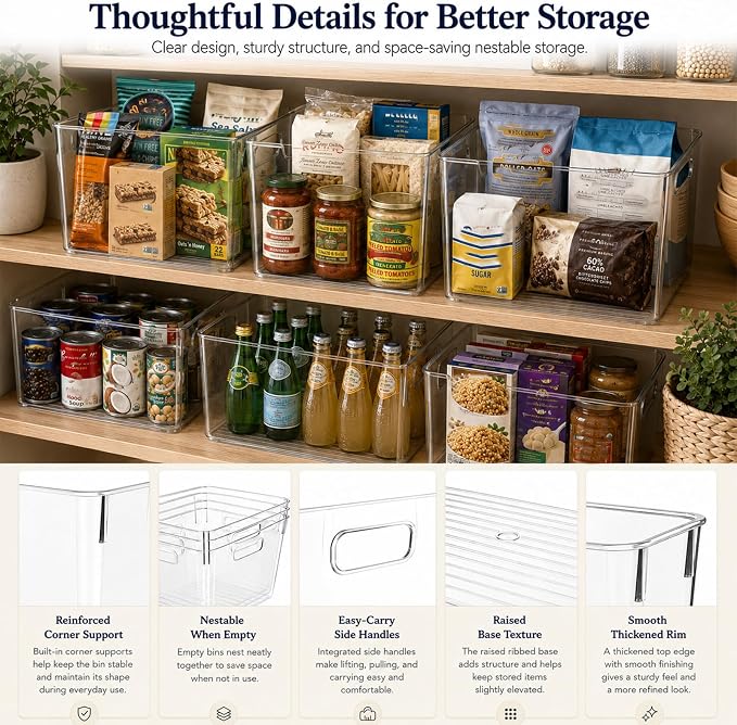 MOONEDGE 6 Pack X-Large Clear Organizer Bins 13x10x8in Storage Containers | Clear Containers for Organizing, Fridge Organizers and Storage, Freezer, Refrigerator, Office Supplies, Craft Room, Laundry