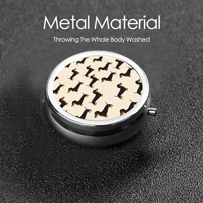 Round Pill Box, Wiener Dog Fabric Doxie Dachshund Weiner Dog Pet Dogs Portable Travel Organizer, Metal Case with Mirror, Pocket Purse Container for Supplements