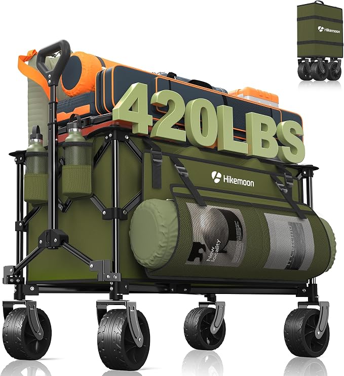 HIKEMOON 150L Collapsible Wagon Compact with Big Wheels, 420LBS Green | Wagons Carts Foldable, Heavy Duty, Portable, All-Terrain, Utility Folding Cart for Shopping/Beach/Garden/Camping/Sports