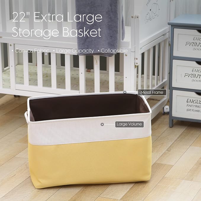 Sea Team Oversized Rectangle Canvas Open-Top Storage Baskets, 3-Pack | Collapsible Fabric Storage Bins with Handles, Closet Shelf Organizers, 22 x 15 x 13 Inches, Yellow & White