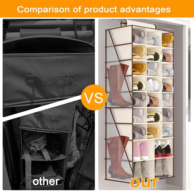 Hanging Shoe Organizer for Closet-Collapsible Storage Rack with 25 Sections & 4 Side Pockets, Hanging Shoe Shelves for Hats,and Clothes, Beige