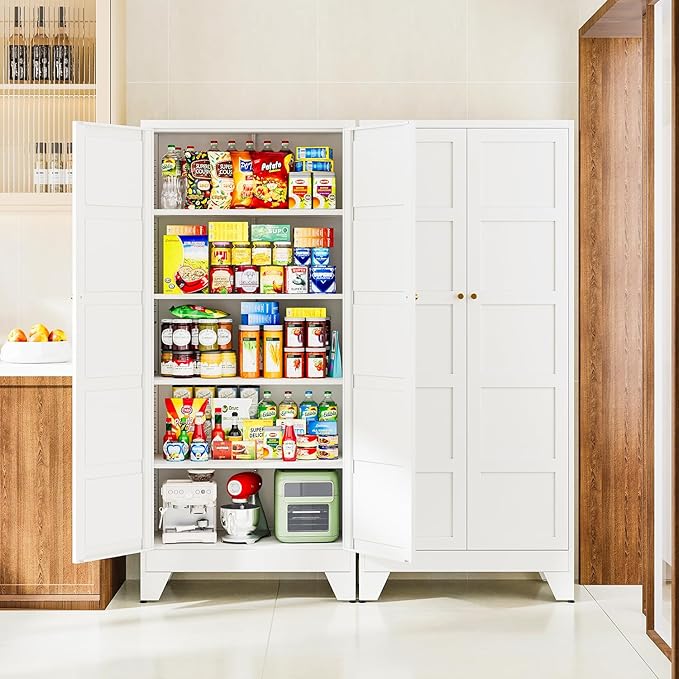 72" H Metal Storage Cabinet with 2 Doors and 4 Shelves,Tall Kitchen Pantry Cabinets,Utility Pantry Organizers for Cupboard/Dining/Bathroom/Home Office/Garage (White, 72" H x 18" D x 33.5" W)
