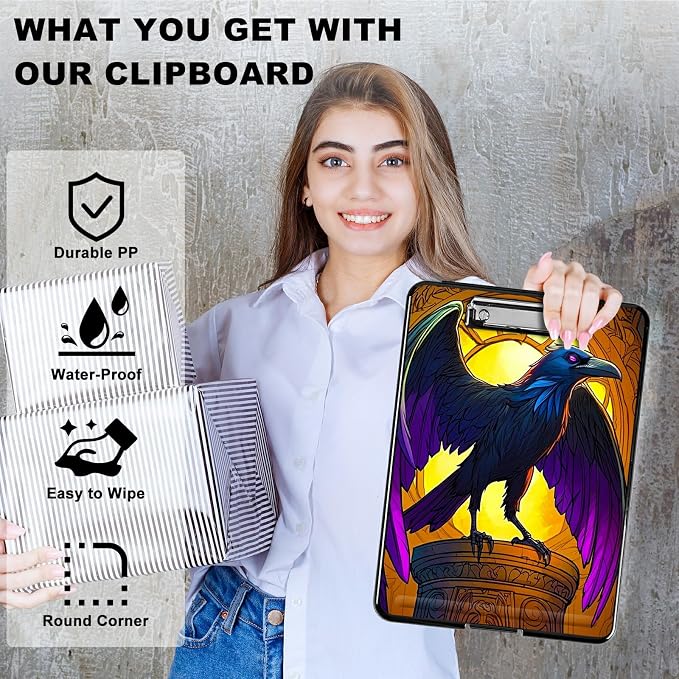 Eagle with Purple Wings A4 Clipboard with Storage Pen Holder, Clipboards Organizer Nursing Clipboard Foldable File Folder Plastic Clipboard Folio Clip Board for Office Students Classroom