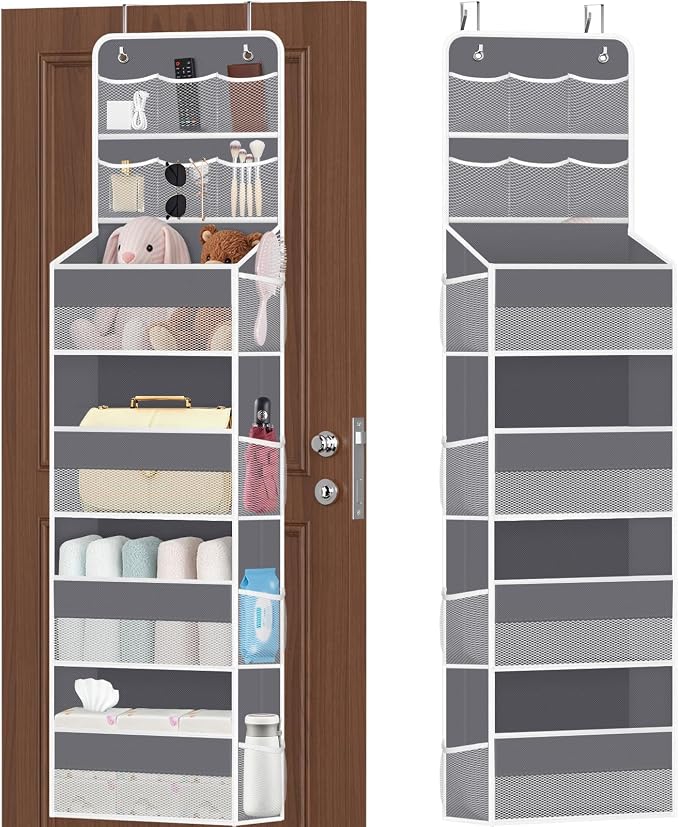 SpaceHacks 6-Tier Over the Door Organizer with Mesh Pockets, Baby Nursery Storage for Closet, Bathroom and Bedroom, Adjustable Hanging Closet Organizer for Cosmetics, Books and Essentials (Dark Grey)