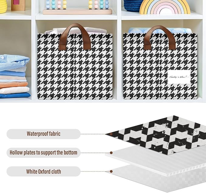 Black and White Houndstooth Classic Storage Basket Foldable Cube Storage Bins with Handles&Labels Waterproof Collapsible Organizer Box Bin Large Rectangle Decorative Baskets for Shelves Home Room, 2PC