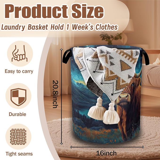 Highland Cow Laundry Baskets,Starry Night Laundry Hamper,Storage Basket with Handles for Bathroom Bedroom College Dormitory Living Room Nursery Organizer 16"x20.8"