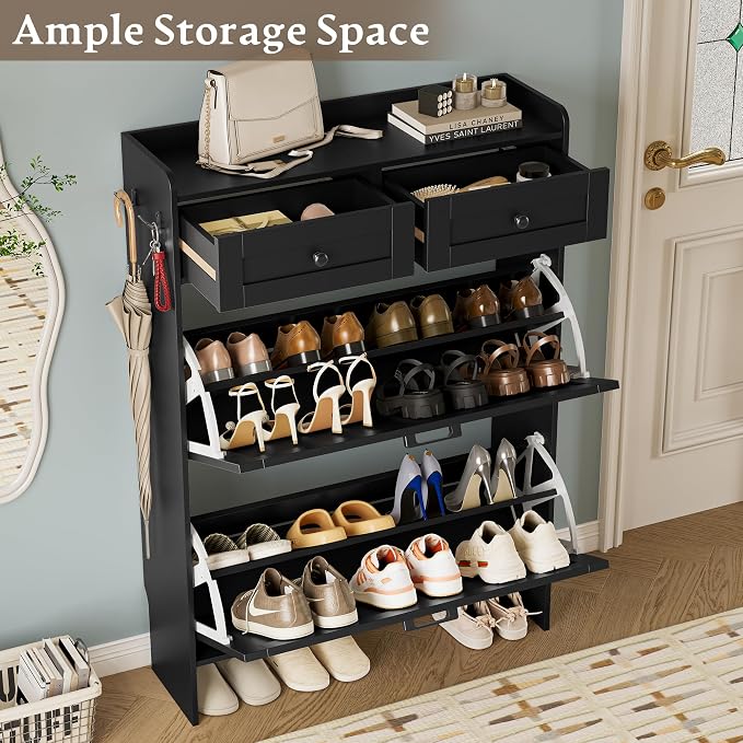 BORNOON Shoe Storage Cabinet for Entryway, Farmhouse Narrow Shoe Cabinet with 2 Flip Drawers & Top Drawers, Adjustable Shelves & Hooks, Freestanding Hidden Rack Organizer for Hallway, Foyer