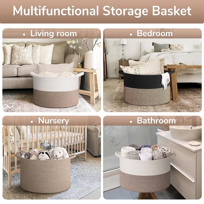 Goodpick 65L Large Cotton Rope Kids Toy Storage Basket for Playroom | 19.7 x 19.7 x 12.6 In Woven Basket for Storage, Kids Toy Storage for Playroom, Laundry Basket for Towels, Black & Mix Jute