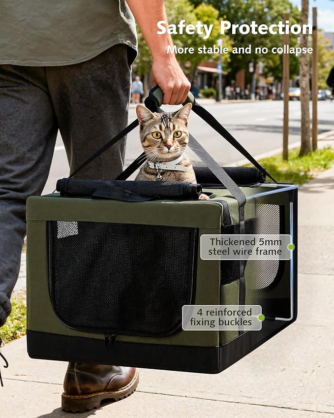 Pecute Large Cat Carrier, Soft Double Pet Crate for 2 Cats Travel, Green | Anti-Collapse Steel Frame, Convertible Dual Space, Foldable, Polyester Breathable mesh, Up to 26 lbs, Car Travel & Vet Visits