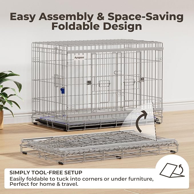 36 Inch Collapsible Dog Crate for Medium Dogs Heavy Duty Dog Kennel | Sliding Door, Double Door, with Soft Mat, Leak-Proof Tray, Easy Foldable & Assembly