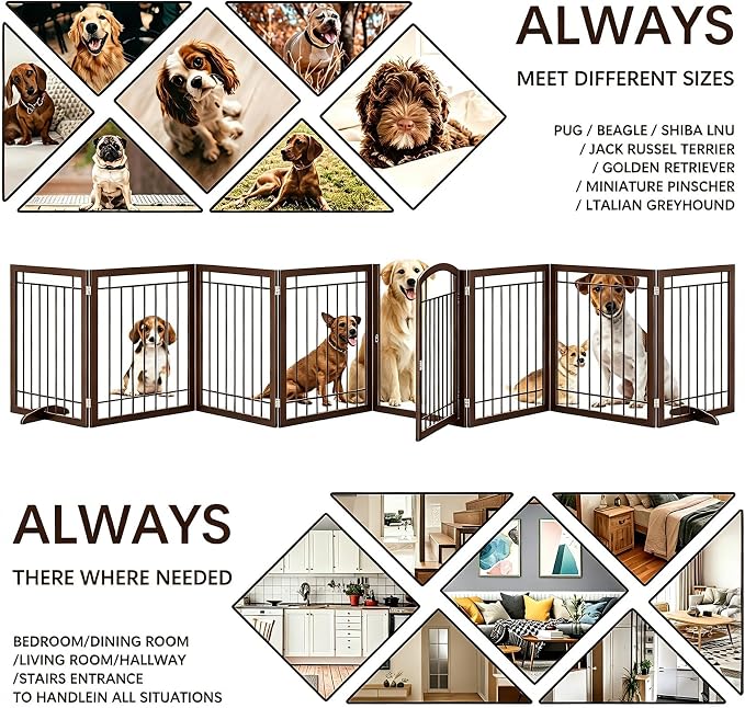 JSB 192-inch Extra Wide 30-inch Tall Dog gate with Door Walk Through,Full Matel Freestanding Pet Gate for Halls, Stairs & Home, Pet Puppy Safety Dog Fence with 4PCS Support Feet (Espresso)