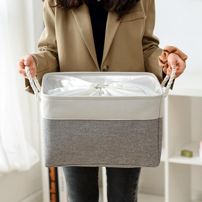Storage Baskets for Organizing, X Large - 3 Pack 17.7L×13.8W×9.8H in Foldable Storage Bins for Shelves, Fabric Storage Box for Closet Nursery Toy Gift (White & Grey)