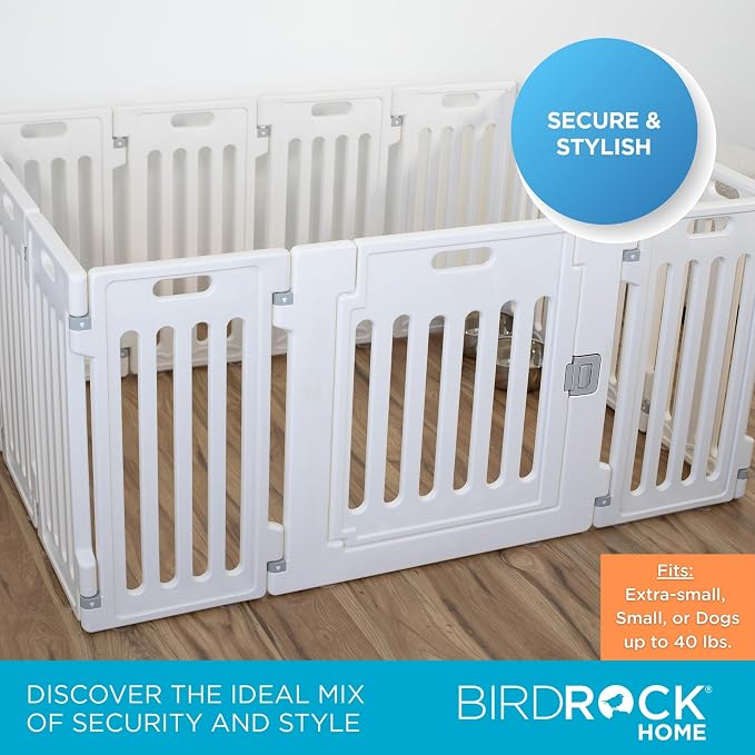 BIRDROCK HOME Pet Playpen with Door | 12 Panel | Fits: Toy or Small Dogs up to 40lbs. | Strong Plastic | Puppy Safety Fence Pen Playpen | Non-Slip & Secure Dog Gate | White