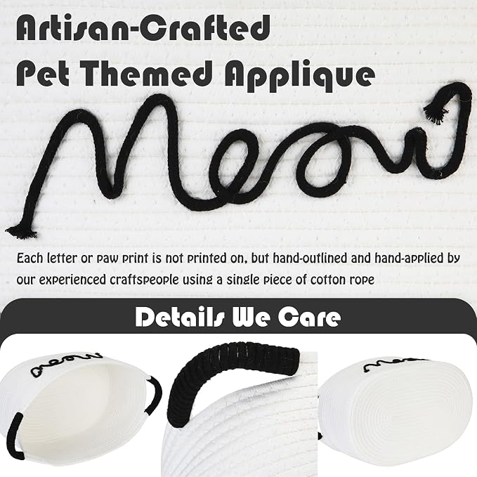 Sea Team Cat Toy Storage Basket with Handles, White Meow | Large Cotton Rope Storage Bin, Shelf Basket, Organizer for Pet Chew Toys, Foods, 16.5 x 11 x 7 Inches, 4.4 Gallons