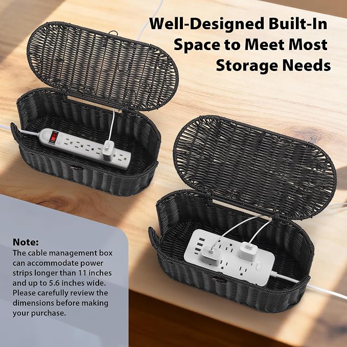 Oval Rattan Style Cable Management Box, Cable Organizer Button Loop Closure