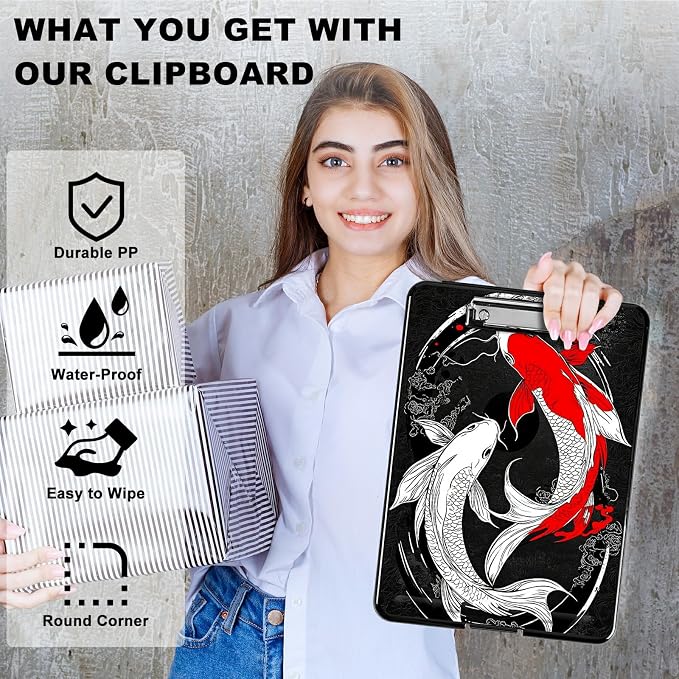 Red White Fish A4 Clipboard with Storage Pen Holder, Clipboards Organizer Nursing Clipboard Foldable File Folder Plastic Clipboard Folio Clip Board for Office Students Classroom Doctor