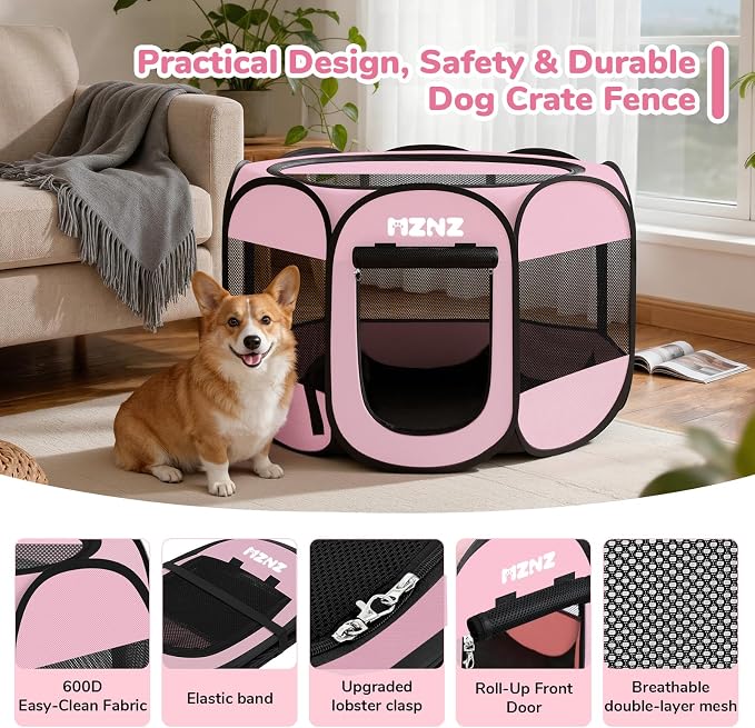 Dog Cat Small Animal Puppy Playpen Crate, Medium, Whole Pink | Portable Pop Up Pet Cage Enclosure Tent Kennel Indoor Outdoor with Carrying Case, No Assembly, Camping Use