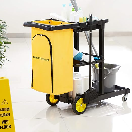 AmazonCommercial Janitorial Utility Cart, Rolling, Portable, with Supply Shelves, Black