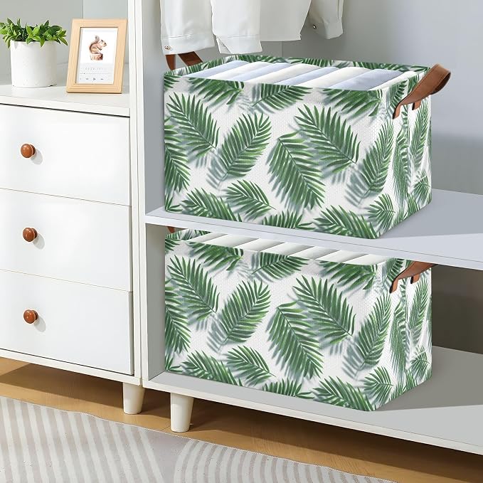 Tropical Green Palm Leaves Storage Basket Foldable Cube Storage Bins with Handles&Label Waterproof Collapsible Organizer Box Bin Large Rectangle Decorative Baskets for Shelves Home Room Laundry