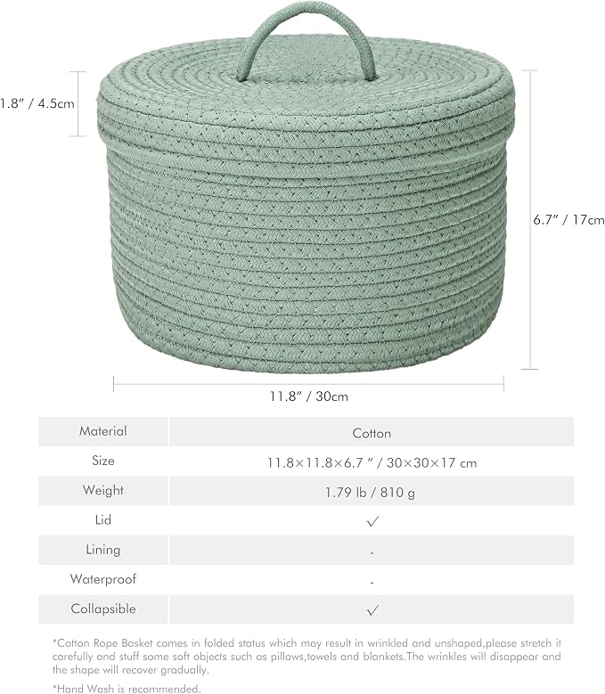 Sea Team Round Storage Basket, Woven Cotton Rope Basket with Lid, Green | Decorative Knitted Storage Bin, Multi-Purpose Lidded Organizer for Closet Shelves, Nursery and Household Storage