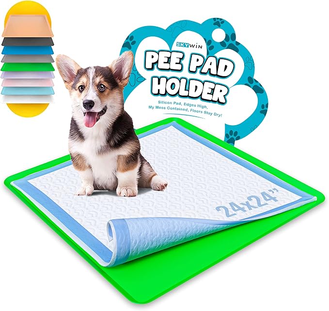 Skywin TidyFriend Travel Friendly Dog Pee Pad Holder Fits Up to 24” x 24” Wee Wee Pee Pads - Flexible Rollable Silicone Mat with Soft Edge - Quick Wipe & Potable Dog Pad Holder (Green) | Stable Grip, Raised Edges, Quick-Wipe Silicone Surface Dog Potty ...