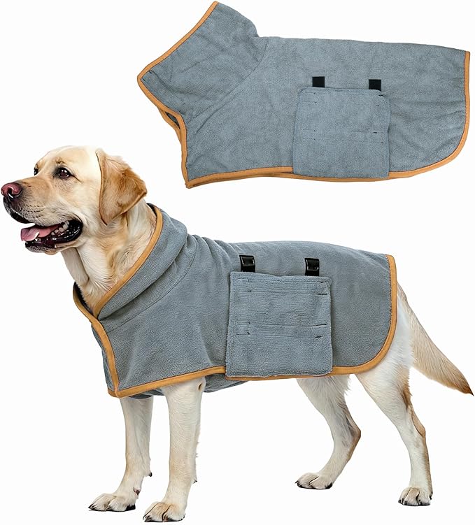 Dog Drying Coat, Dog Robes for After Bath Bathrobe Super Absorbent Towel Soft Adjustable, (S, Gray&Orange Trim), Intended for Fast Drying Warm Keeping Pet Cats Kitten Puppies
