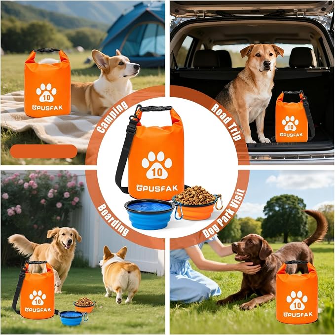 Pet Food Storage Bag with Bowl (64 Cup) - Zip Roll Top Dog Food Travel Bag Waterproof Kibble Container for Camping Road Trips Travel Dog Boarding Weekend Getaways Machine Washable 10L Orange