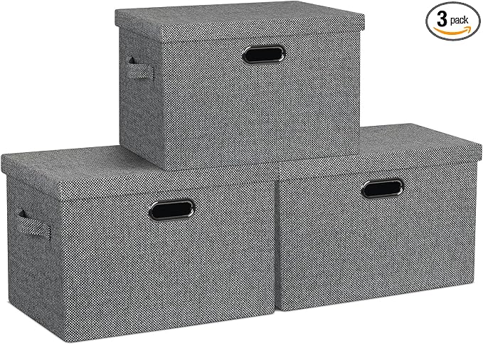 Storage Bins with Lids Fabric Closet Organizers Cubes Office Organization | 36 Quart 3 Pack Black and White Mix Collapsible Stackable Linen Fabric 4 Handles Bedroom Closet Cabinet Under Bed Clothes Toy