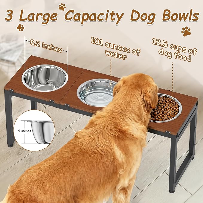 Elevated Dog Bowls Large Breed, Adjustable, 3 Bowl 12.5cup/101oz | 15"/16"/17"/18"/20" Height Fits Giant Dogs Like Great Dane, Stainless Steel Bowls , Iron Holder, Wooden Platform, Grained Oak