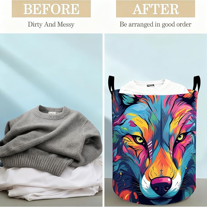 Colorful Wolf Laundry Basket Hamper for Boys Girls Kids Adults, Foldable Waterproof Oxford Clothes Storage Bin, Wild Animal Art Organizer for Bedroom Bathroom Room Decor 19.7"x15.8"