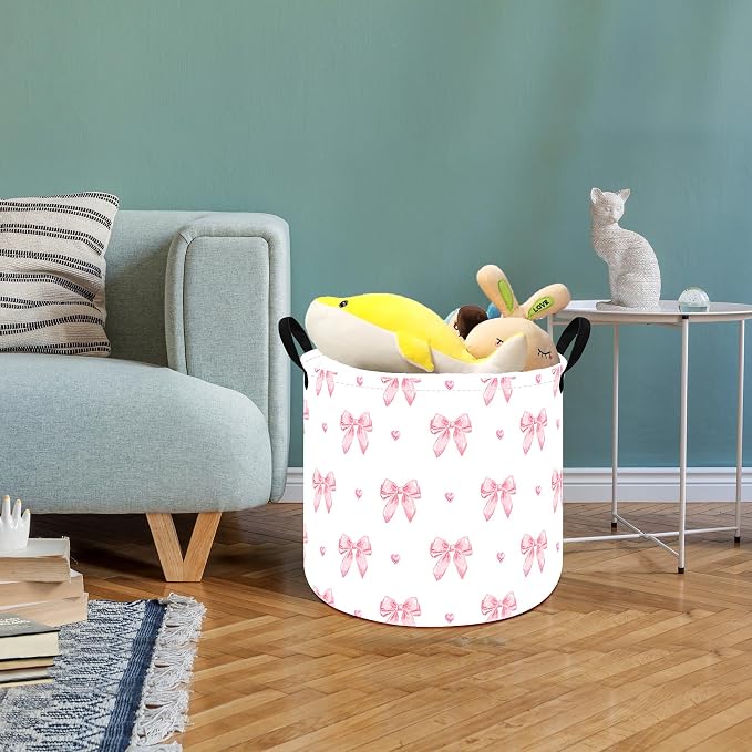 MAIZMZ 3 Pack Pink Storage Baskets for Girls Room, Round Laundry Basket with Handles,Toy Organizer Bin with Water-Resistant Lining, Foldable Nursery Basket for Clothes, Toys, Gifts, Bedroom
