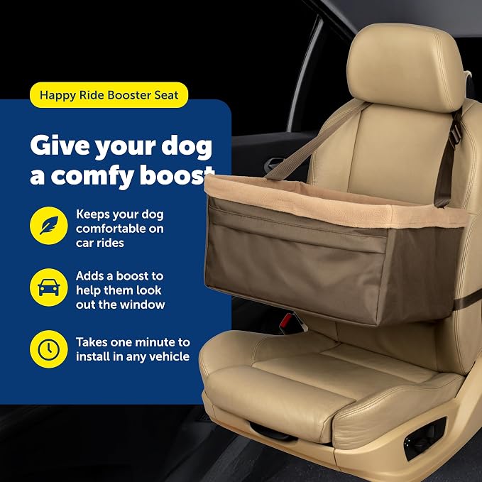 PetSafe Happy Ride Dog Booster Seat, Brown, Up to 25 Lb | Raises Small Dogs to Window Height In Most Cars, Connects to Seatbelt with Safety Tether, Fleece Liner Is Machine Washable