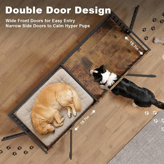 78" Double Dog Crate Furniture for Medium/Large Dogs, Brown | Thick wood, heavy-duty steel, 4-door escape-proof locks, waterproof scratch-resistant, extra-large, stylish, easy assembly