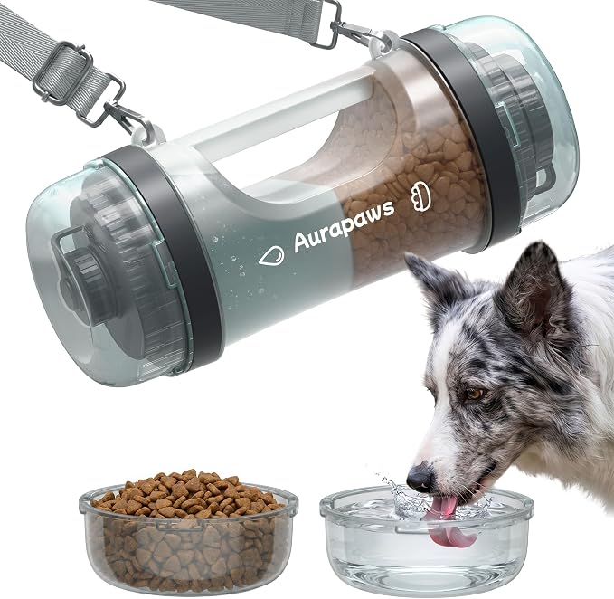 33.5oz Portable Dog Water Bottle for Travel Hydration&Food Feeder | 13.5oz Food Storage, 13.5oz Water Dispenser Bowl, 6.5oz Food Container, Leak-Proof, for All Breeds, Outdoor, Walking, Hiking