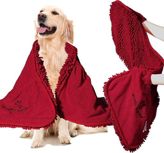 Patas Lague Absorbent Dog Towel for Drying Dogs Large, 35''x15'' Extra Large Microfiber Quick Drying Pet Bath Towel with Hand Pockets, Machine Washable Pet Shammy Wine Red