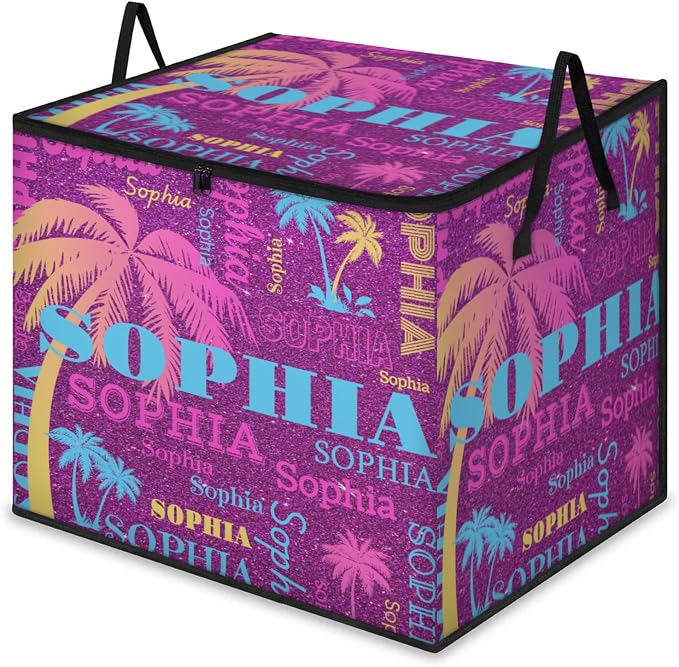 Custom Storage Baskets Cubes with Name, Dark Magenta Purple Pink Yellow Blue Tropical Palm Trees Large Foldable Organizer Collapsible Storage Bins for Home Blanket Comforters Clothes Closet Nursery