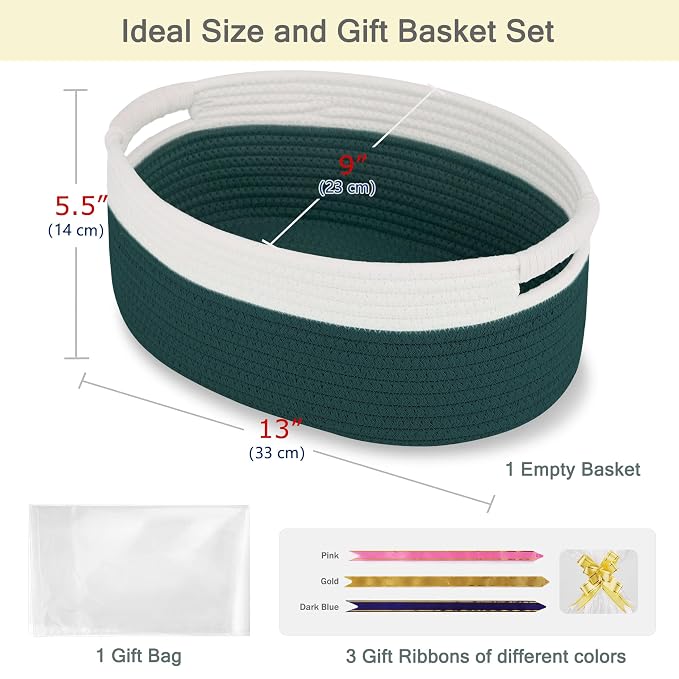 Small Woven Gift Basket with Bag & Ribbons, Dark Green | Cotton Rope, 13”x 9”x 5.5”, Fits for Kids, Women & Men, Bedroom, Living Room, Nursery & Bathroom Storage, Cat & Dog Toy Boxes