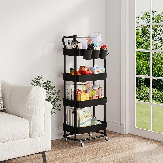 Buzowruil 4-Tier Rolling Utility Cart, Storage Cart with Handle Multi-Purpose and Locking Wheels,with Hanging Basket and Hook for Office, Kitchen, Bathroom,Black